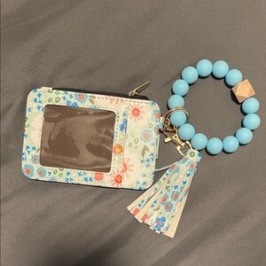 Floral Card Holder with Blue Beaded Keychain
